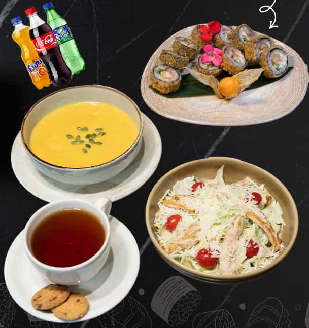 Lunch Menu 1 - Balqabaq Supu, Sezar Salatı,Hot Roll...