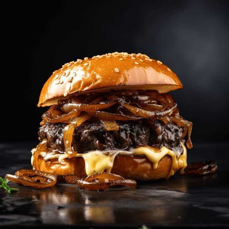karamel onion  burger - (Burger çörəyi, mal əti , karamel...